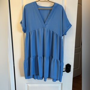 Blue V-Neck Midi Flutter Dress